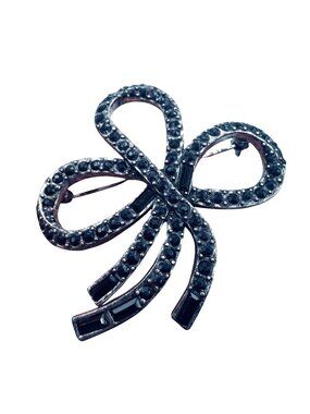 Vintage Art Deco Revival Brooch Cast Gun Metal Black Glass Gothic Bow Whimsygoth